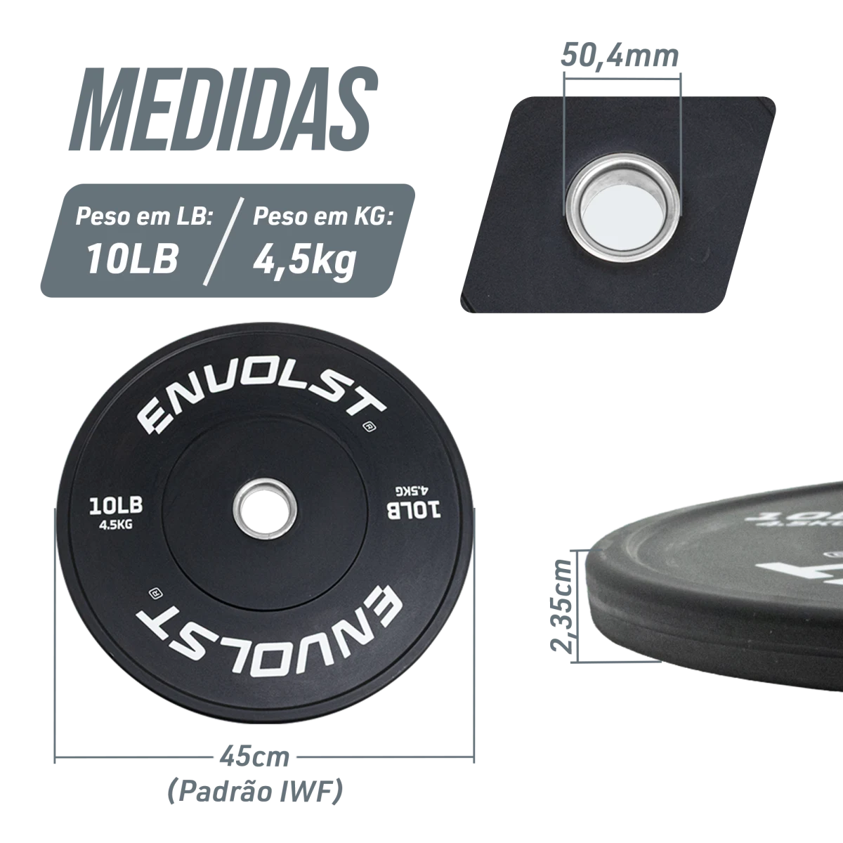 Anilha Olímpica Bumper para Crossfit e LPO 10Lb Envolst