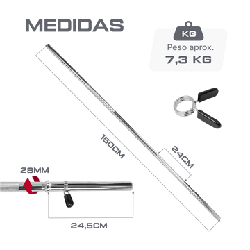 Barra Reta de Musculação Maciça 1,50m 28mm com Presilha Envolst
