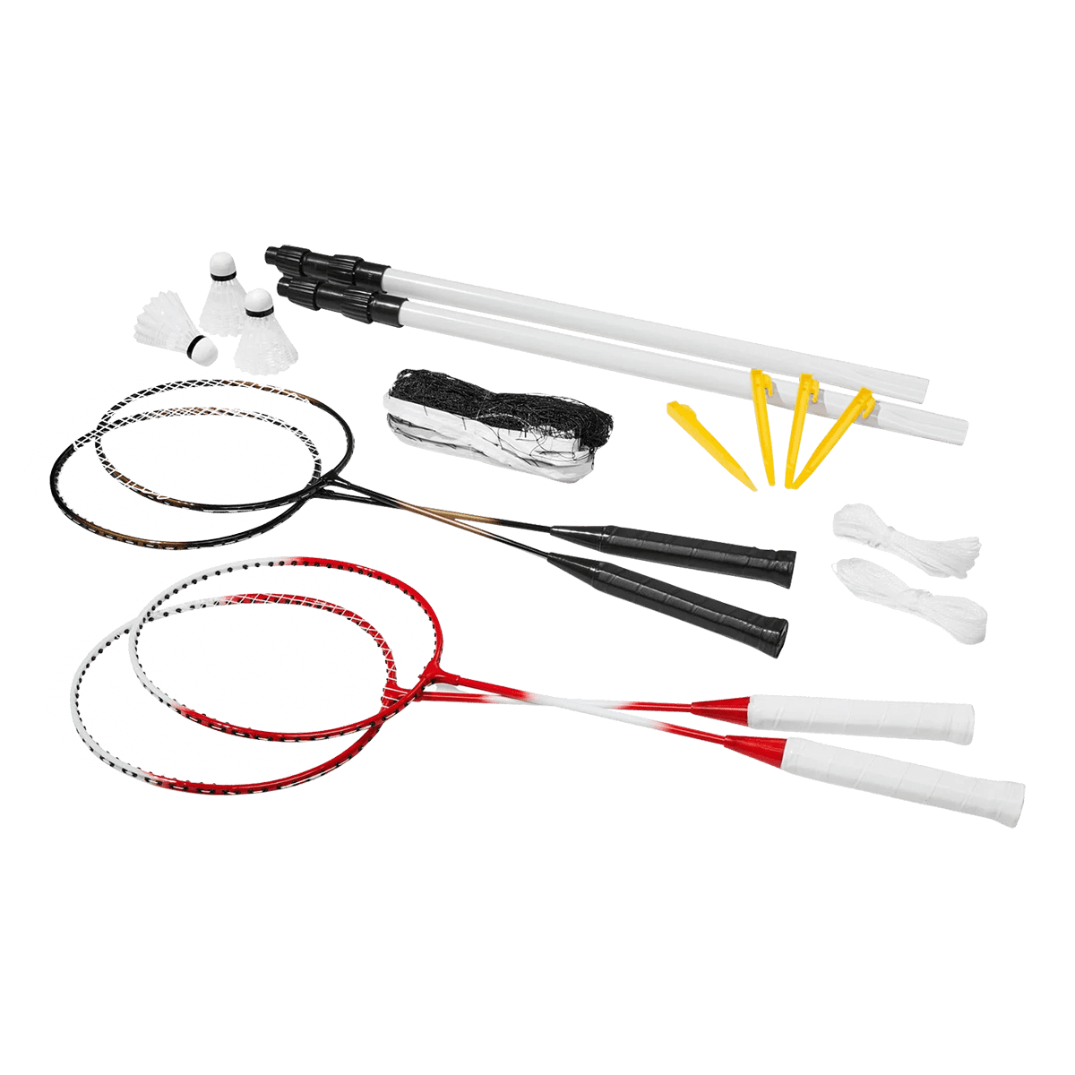 Kit de badminton com 04 raquetes de aço, 02 volantes, postes de aço e rede Loire