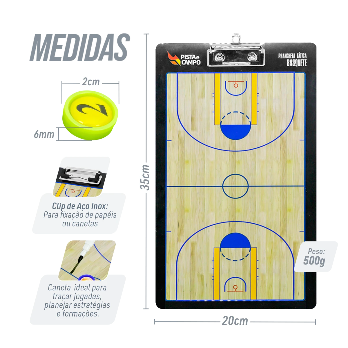 Prancheta tática magnética com caneta para treinamento de basquete Pista e Campo