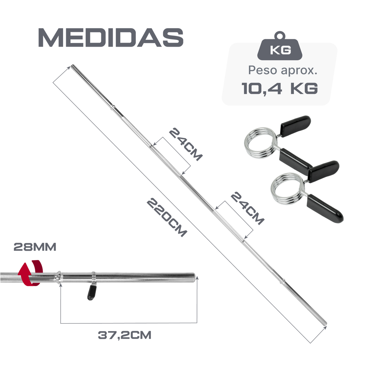 Barra Reta de Musculação Maciça 2,20m 28mm com Presilhas Envolst