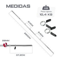 Barra Reta de Musculação Maciça 2,20m 28mm com Presilhas Envolst