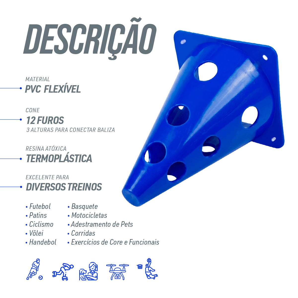 Kit de Agilidade c/ 8 Cones Furados 23cm e 4 Haste de 1,00m - Cone BRANCO
