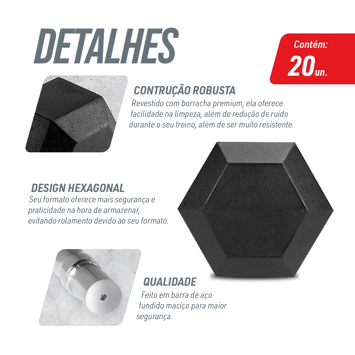 Kit Halteres Sextavados Emborrachados Pegada Cromada Envolst - Pares 1 a 10Kg
