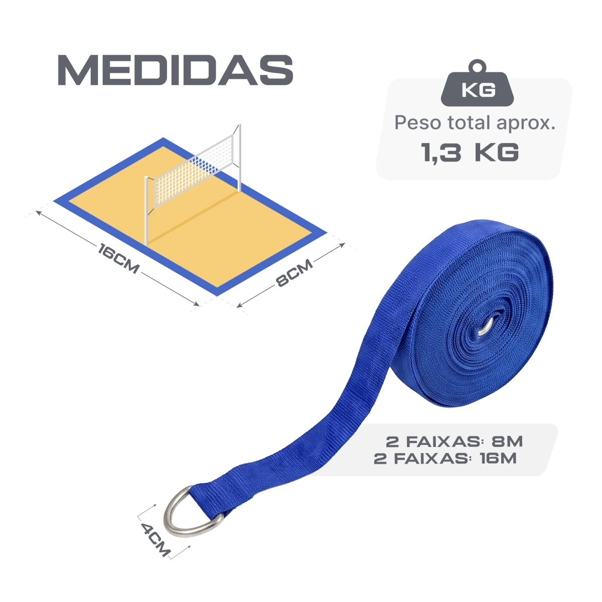 Fita faixa de demarcação para volei de praia e beach tennis 16x8m 40mm Velden Cor:Azul