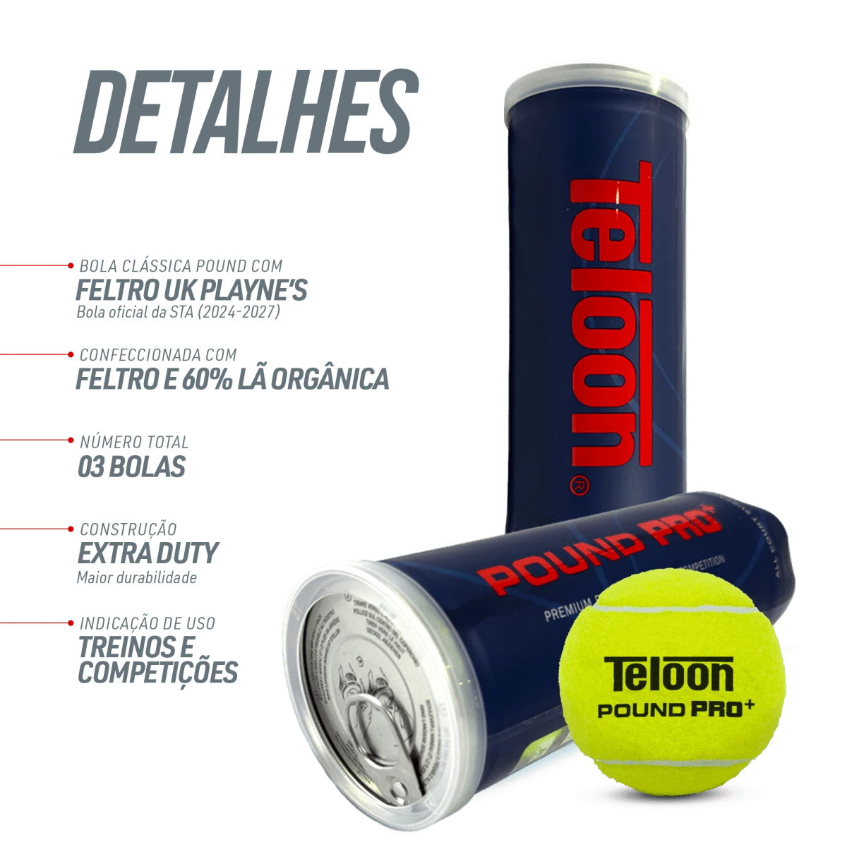 Bolas de Tênis Teloon POUND PRO + ITF tubo com 3 un.