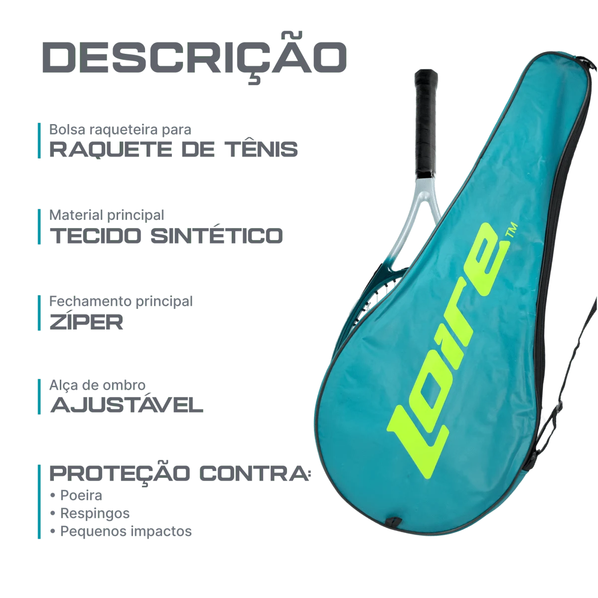 Capa bolsa raqueteira para raquete de tênis com alça de transporte Loire