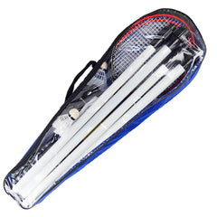Kit de badminton com 04 raquetes de aço, 03 volantes, postes de aço e rede Pista e Campo BOLSA