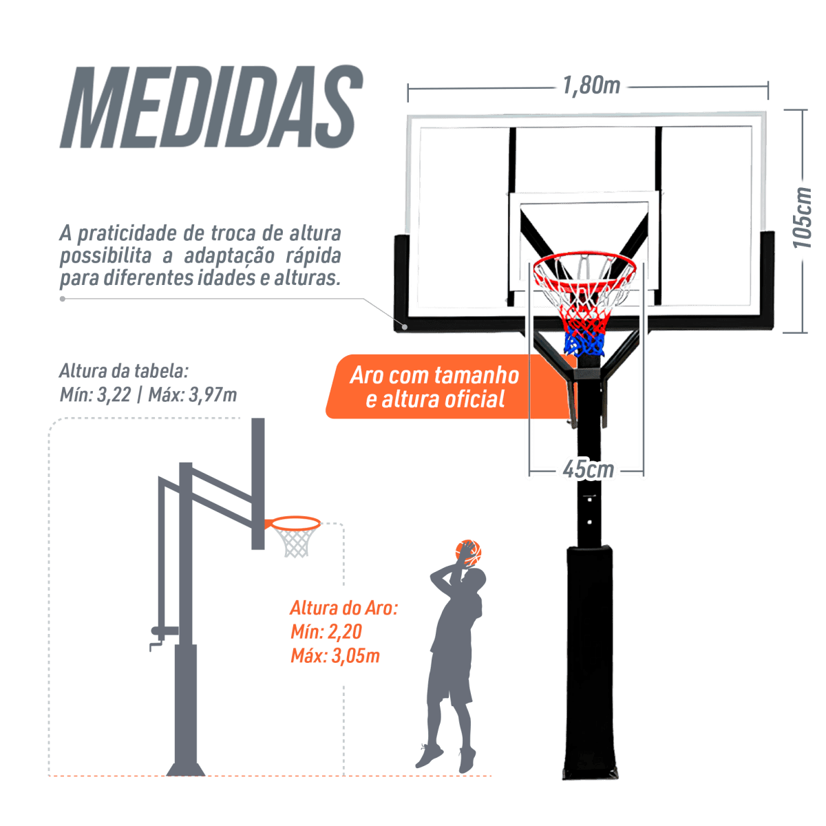 Poste fixo com tabela transparente, aro e rede de basquete oficial adulto premium Velden