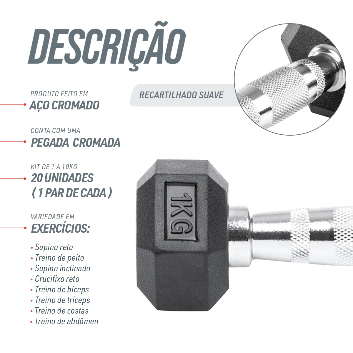 Kit Halteres Sextavados Emborrachados Pegada Cromada Envolst - Pares 1 a 10Kg