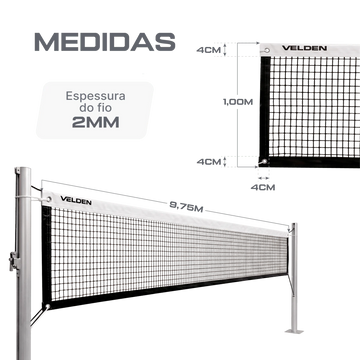 Rede de Vôlei Oficial 9,75x1m Fio 2mm 4 Faixas Vinil Velden