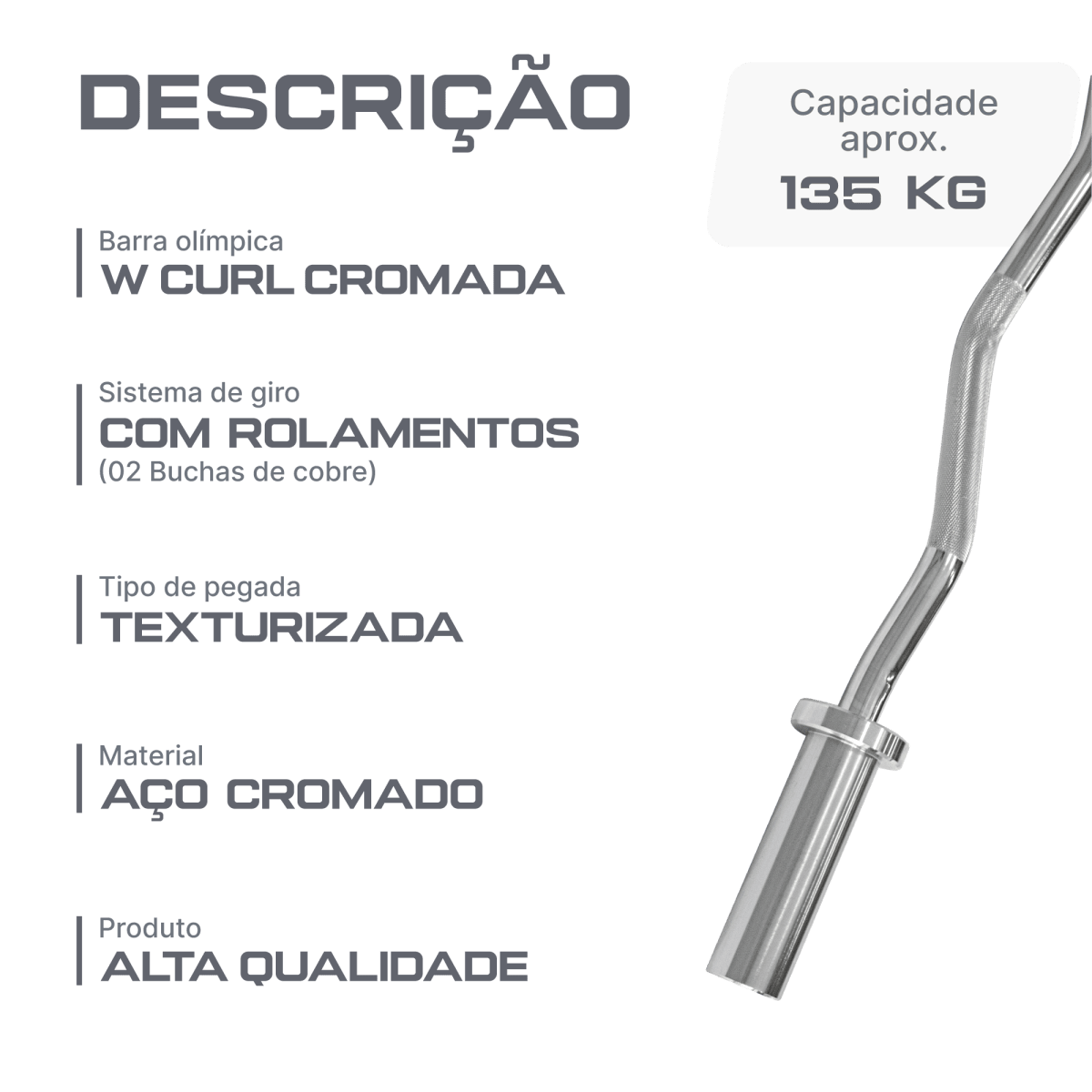 Barra W Curl 1,20m Olimpica Cromada Envolst