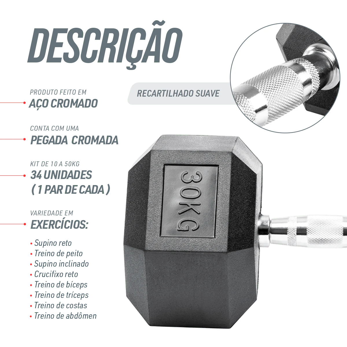 Kit Halteres Sextavados Emborrachados Pegada Cromada Envolst - Pares 10 a 50Kg
