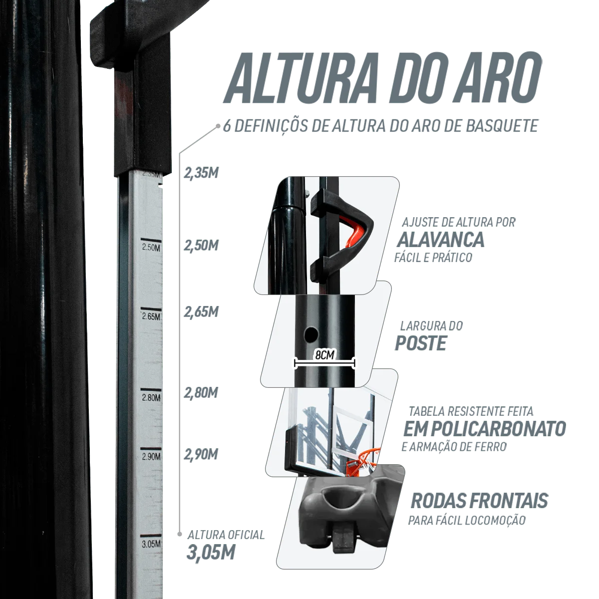 Tabela de basquete adulto móvel com poste, quadro de acrílico e aro modelo premium Velden