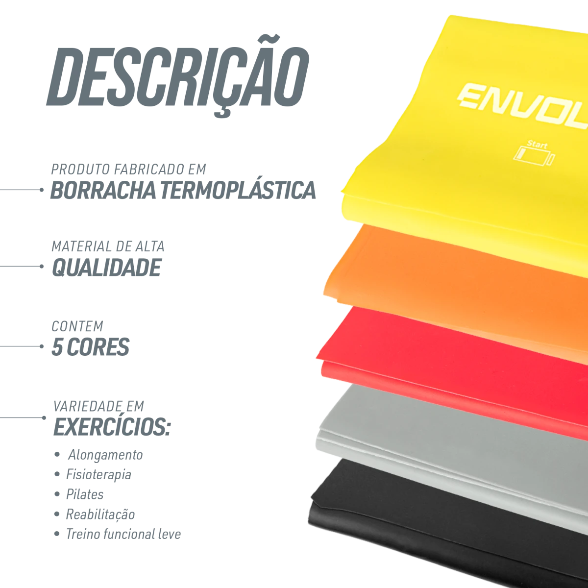 Faixa Elástica Band 1,50m Envolst - Kit com 5 intensidades