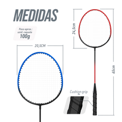 Kit de badminton com 04 raquetes de aço, 02 volantes, postes de aço e rede Loire