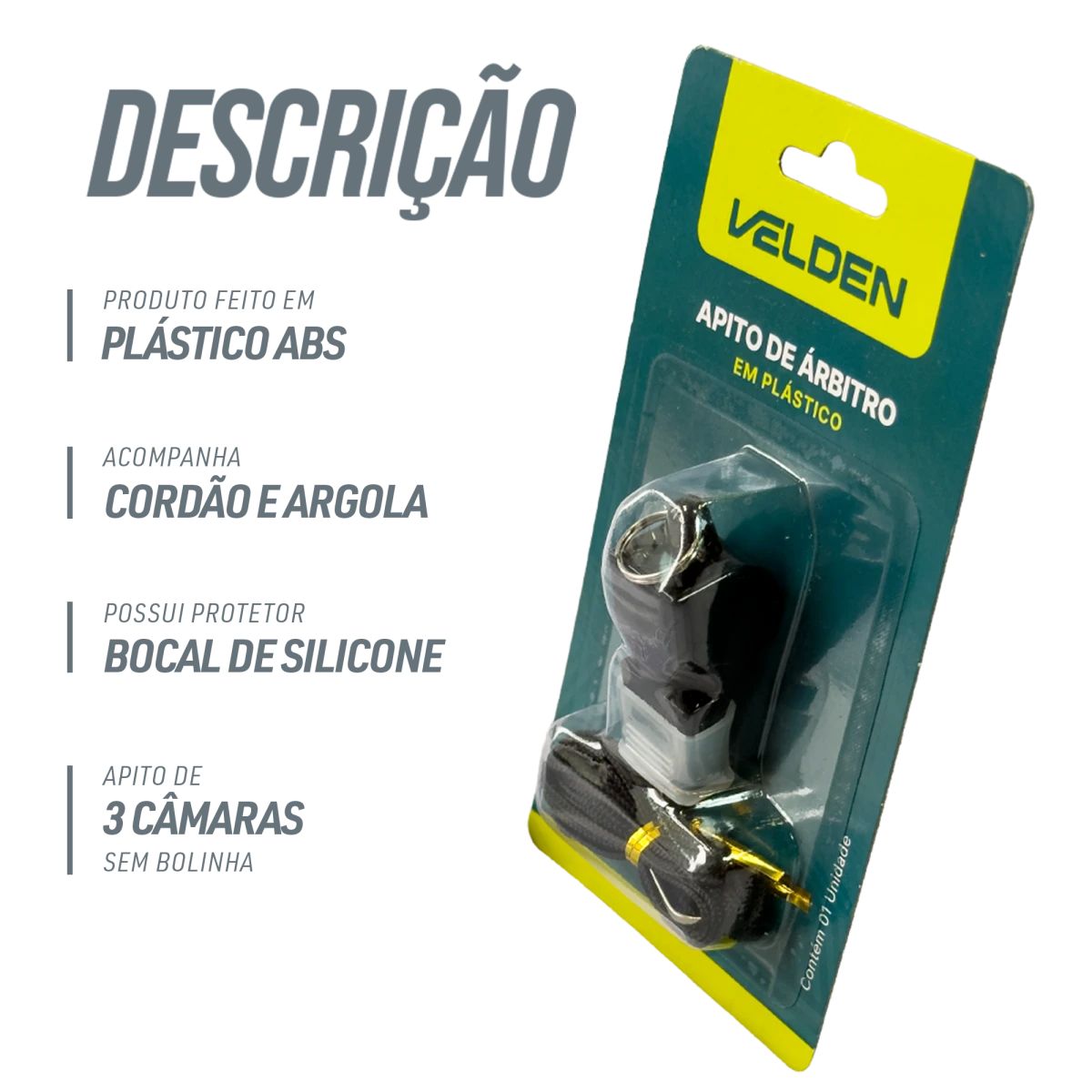 Apito de plástico tipo Fox com cordão Velden - Preto