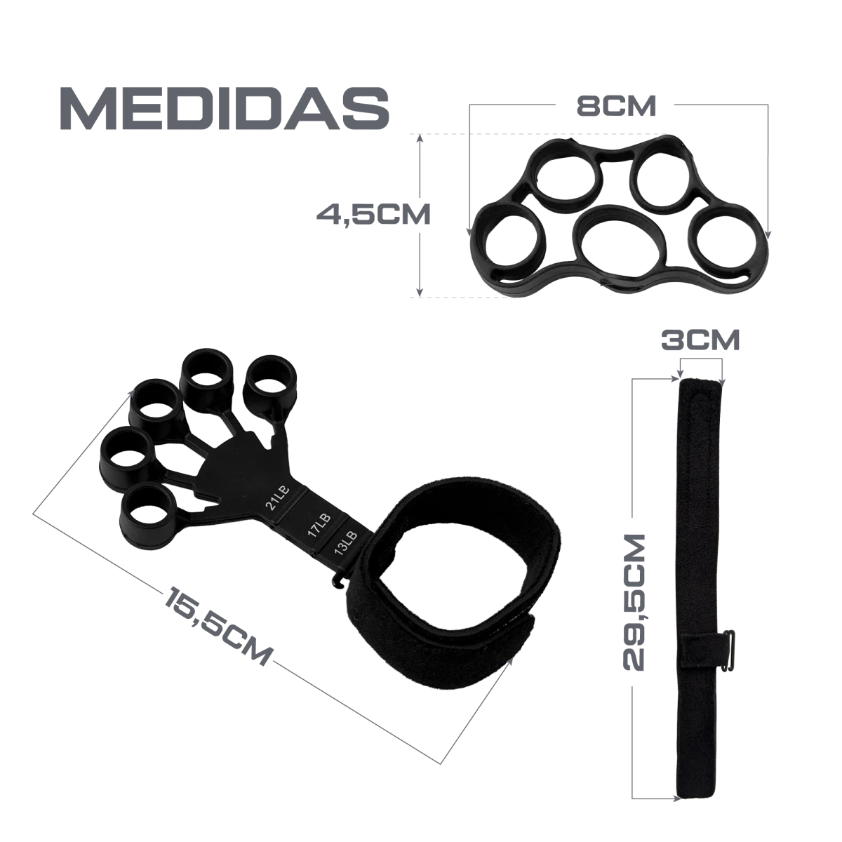 Kit para exercícios de fortalecimento de dedos, mãos e punho Envolst - Cor: Preto