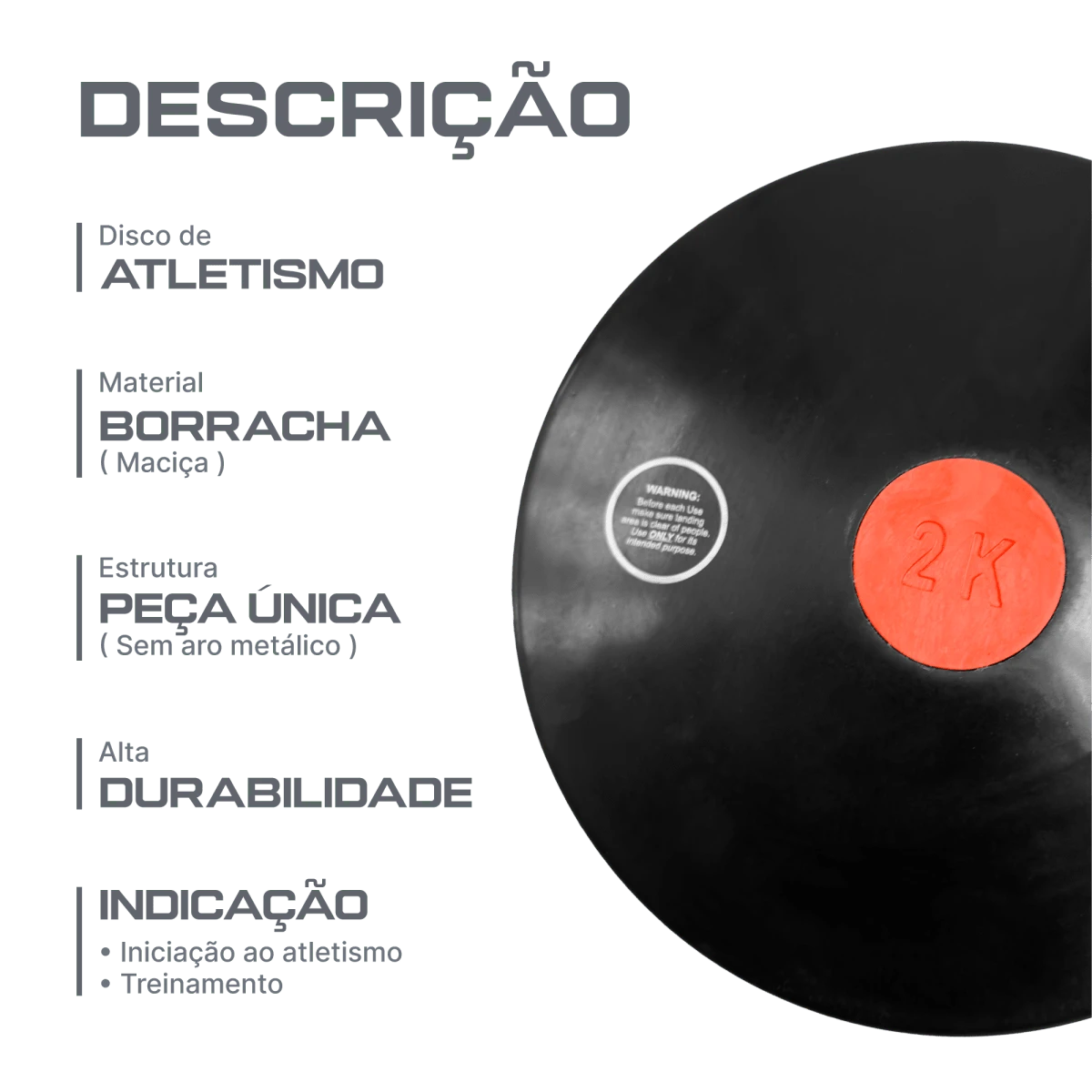 Disco de atletismo de borracha preto com centro colorido 2,00kg Pista e Campo