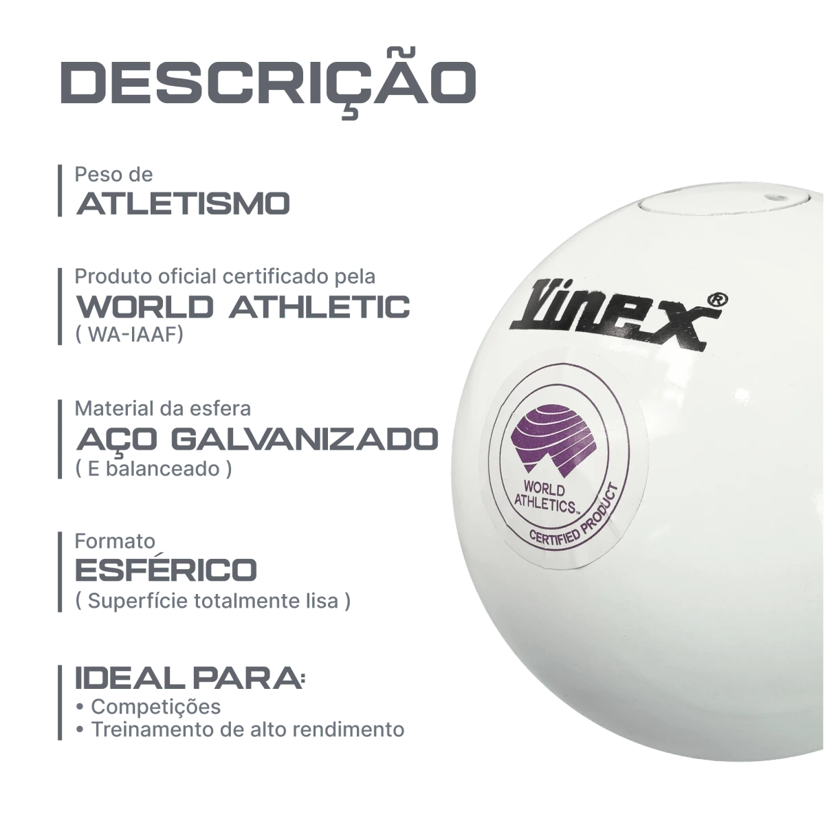 Peso de atletismo de aço 4,00kg 103mm Vinex - Certificado WA-IAAF