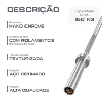 Barra Reta 1,50m Olimpica Hard Cromo Profissional Envolst
