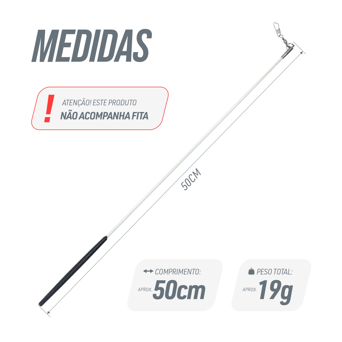  Estilete Ginástica Rítmica Fibra Vidro 50cm Branco Gracios - Empunhadura Preta