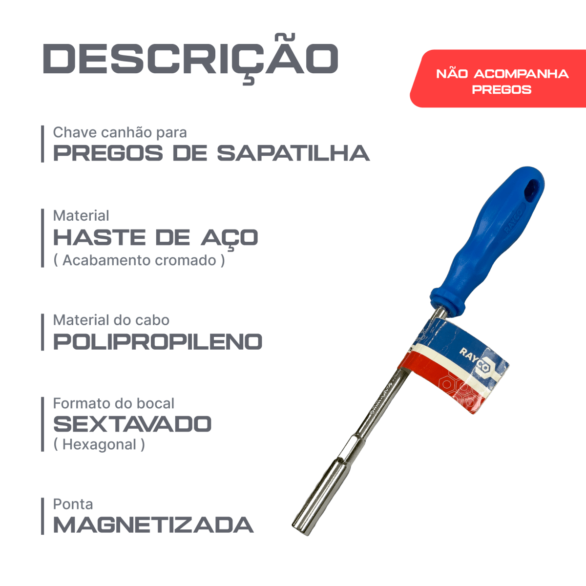 Chave canhão 6mm para pregos de sapatilha de atletismo com base hexagonal Rayco