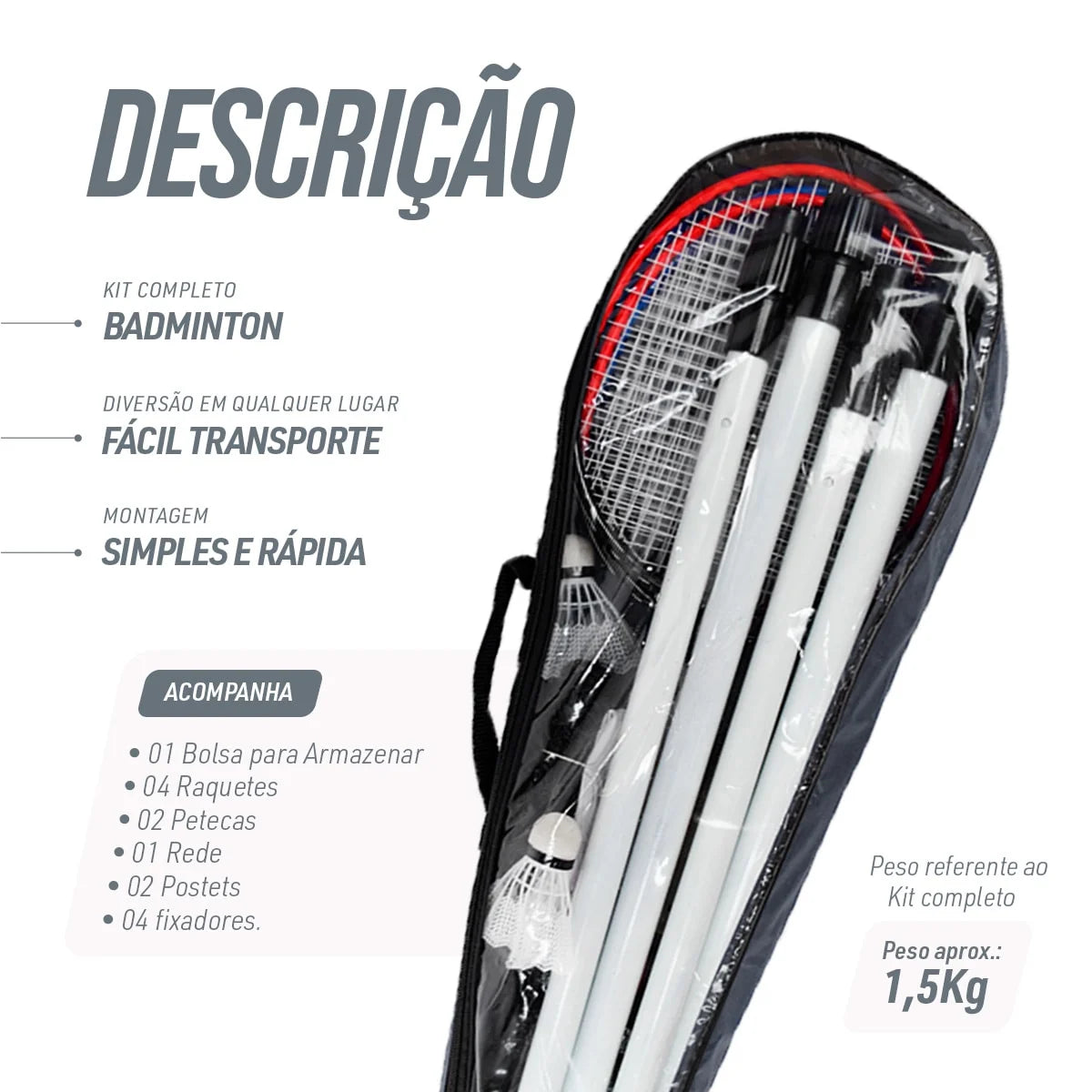 Kit de badminton com 04 raquetes de aço, 02 volantes, postes de aço e rede Loire