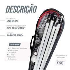 Kit de badminton com 04 raquetes de aço, 02 volantes, postes de aço e rede Loire