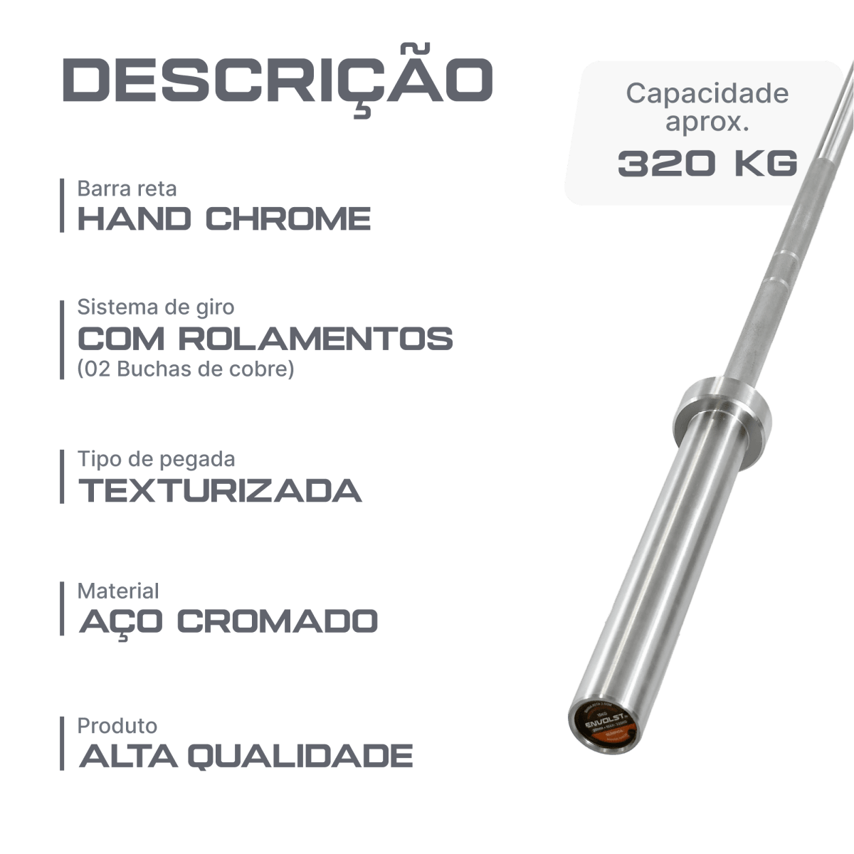 Barra Reta 2,00m Olimpica Hard Cromo Profissional Envolst