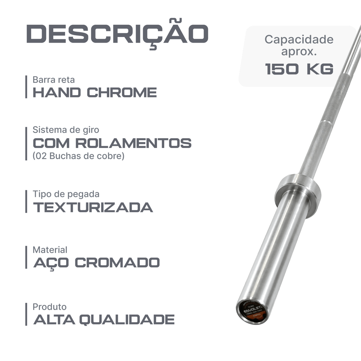 Barra Reta 1,80m Olimpica Hard Cromo Profissional Envolst