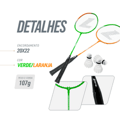 Kit Badminton 2 Raquetes de Aço e 3 Volantes de Nylon Loire - Laranja e Verde