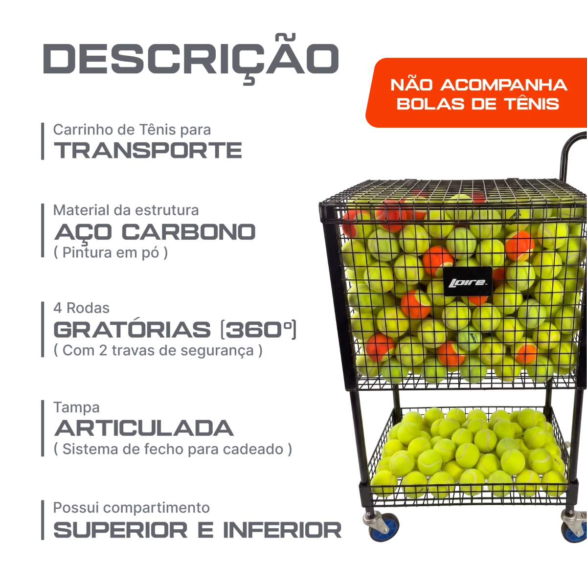 Carrinho para transporte e armazenagem de bolas de tênis de aço Loire