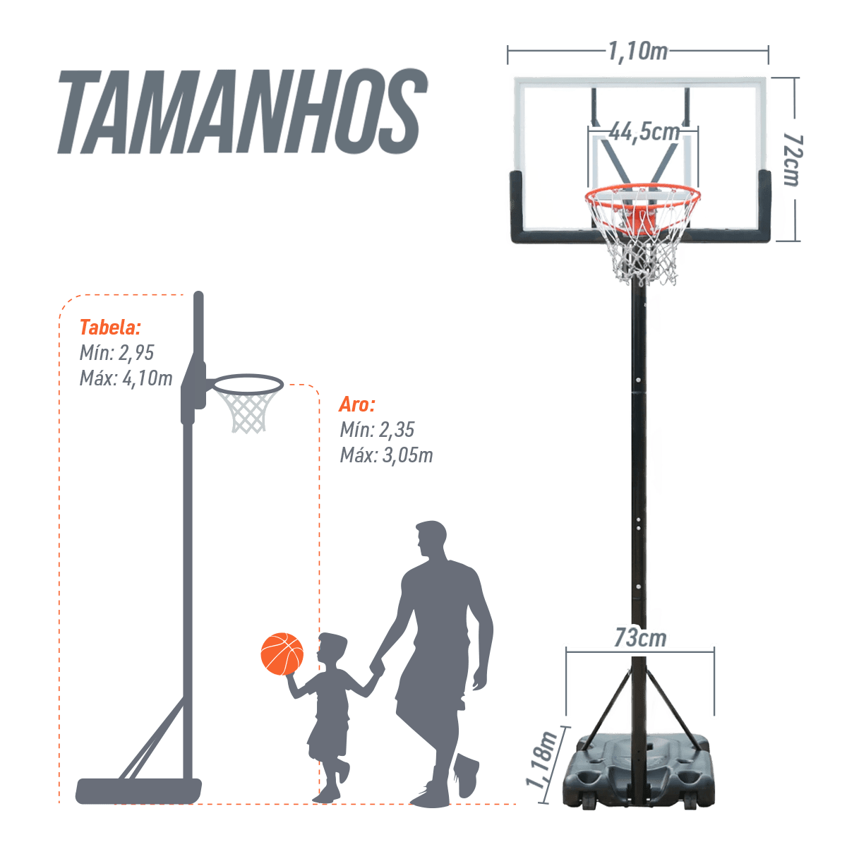 Tabela de basquete adulto móvel com poste, quadro de acrílico e aro modelo premium Velden