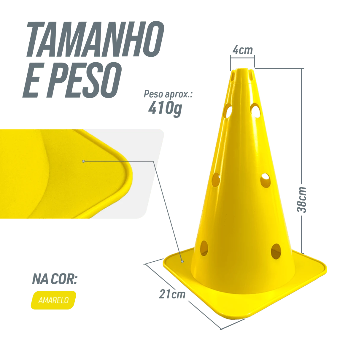 Cone de sinalização 38cm de plástico com furos premium reforçado Pista e Campo - Amarelo