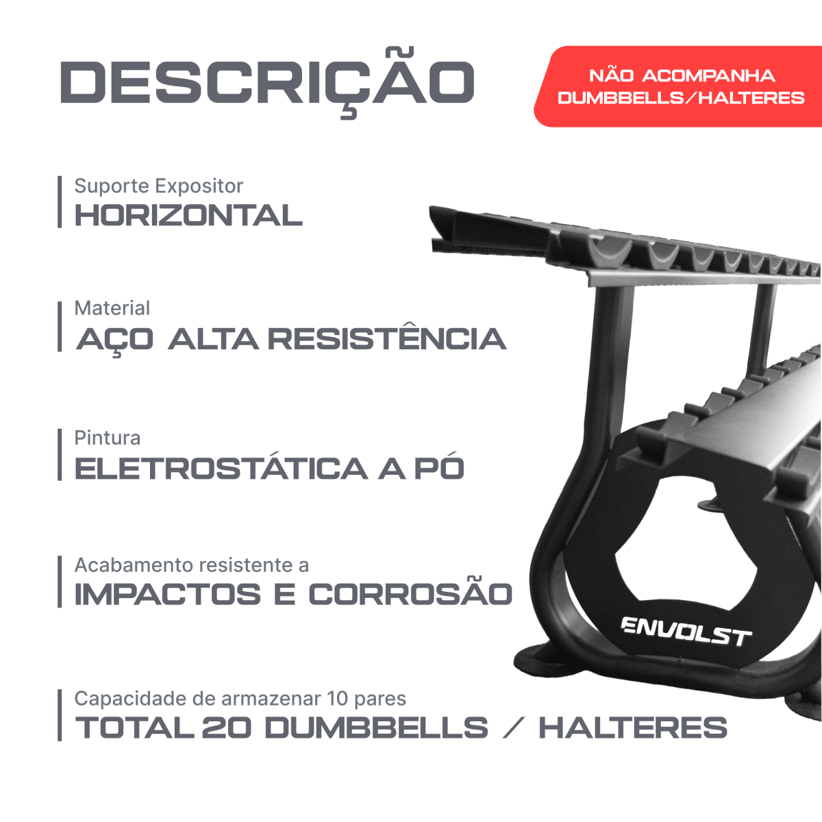 Suporte Expositor Horizontal para 10 Pares de Dumbbells Envolst