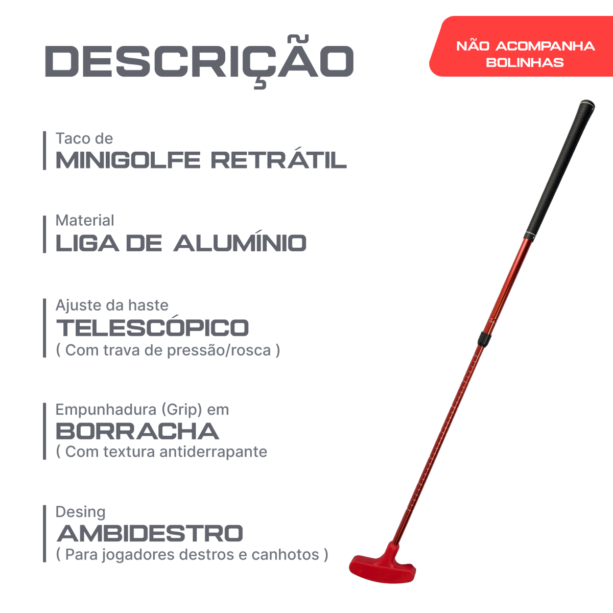 Taco de minigolfe retrátil 50 a 90cm em alumínio Neofun - Vermelho