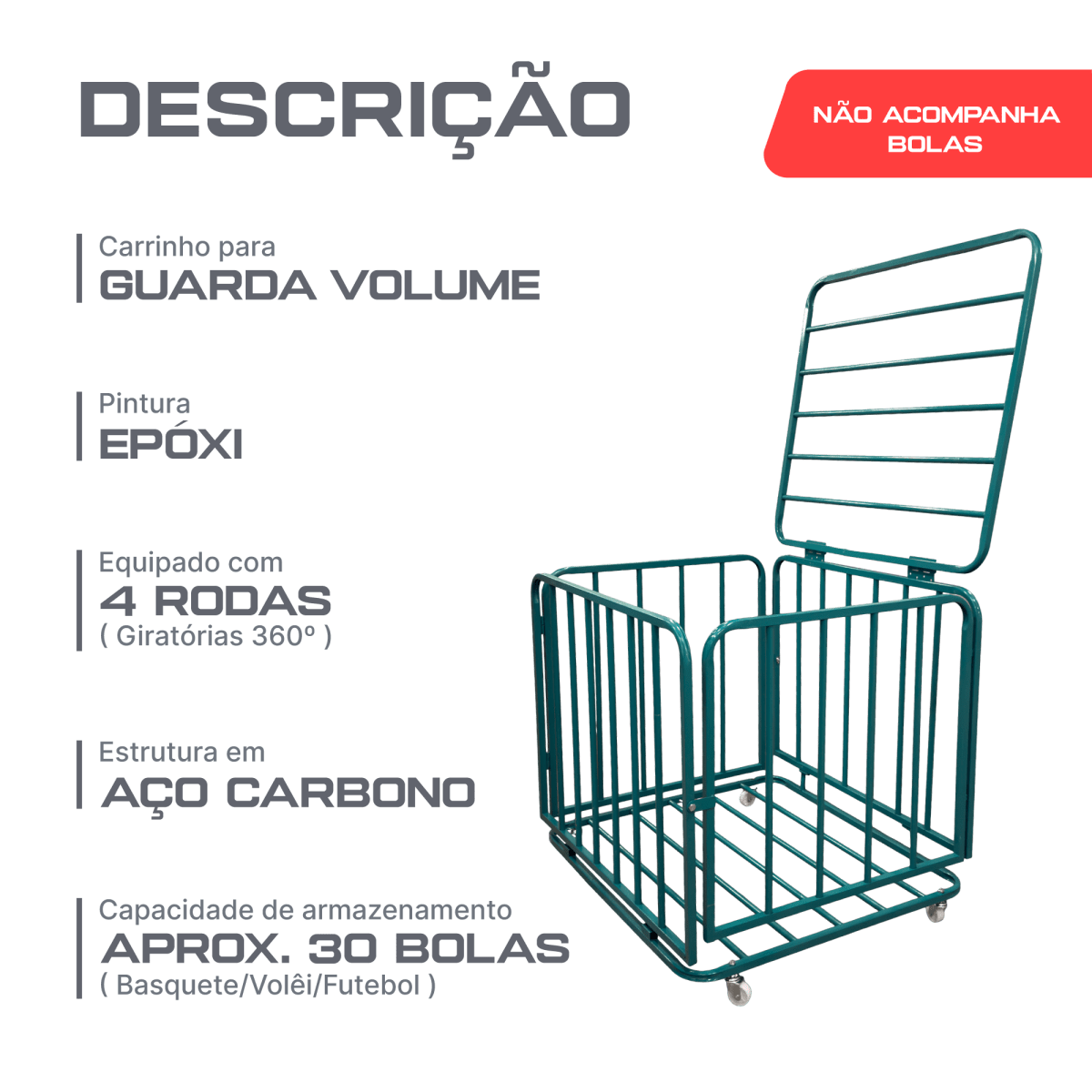 Carrinho guarda volumes de aço para transporte e armazenagem de bolas Pista e Campo