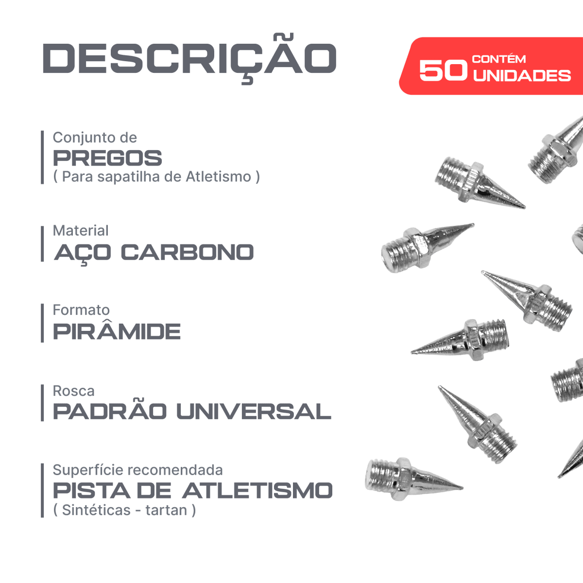 50 / 100 pregos para sapatilha de atletismo de aço 9,5mm Pirâmide base hexagonal Pista e campo