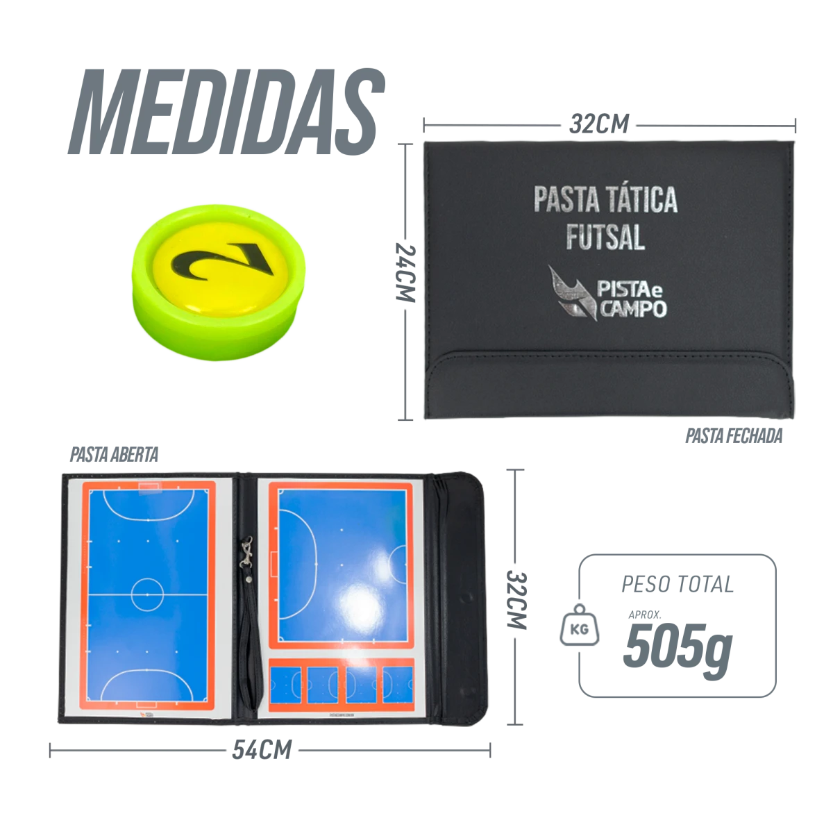 Prancheta tática magnética com caneta para treinamento de futsal Pista e Campo - Modelo pasta preta