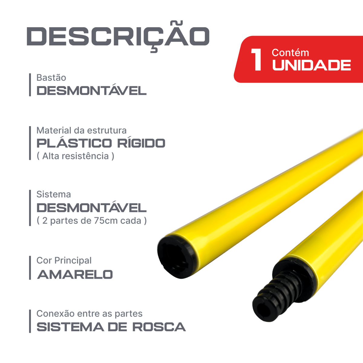 Bastão haste de PVC 1,50m desmontável em três partes amarelo Velden
