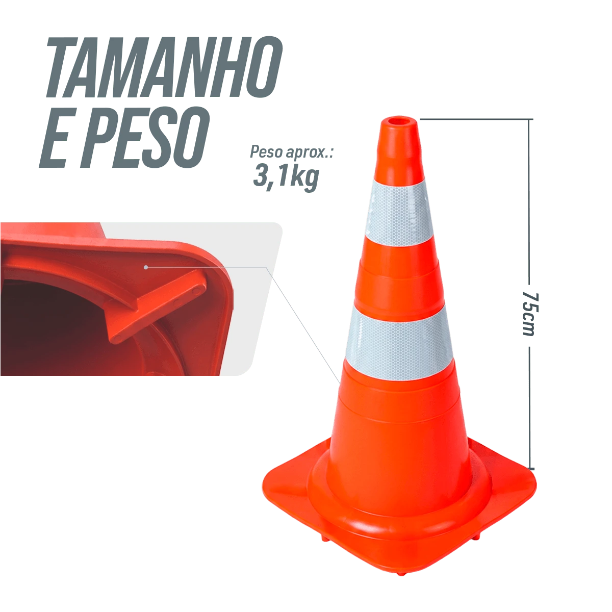 Cone de sinalização de trânsito flexível (emborrachado) refletivo 75cm NBR