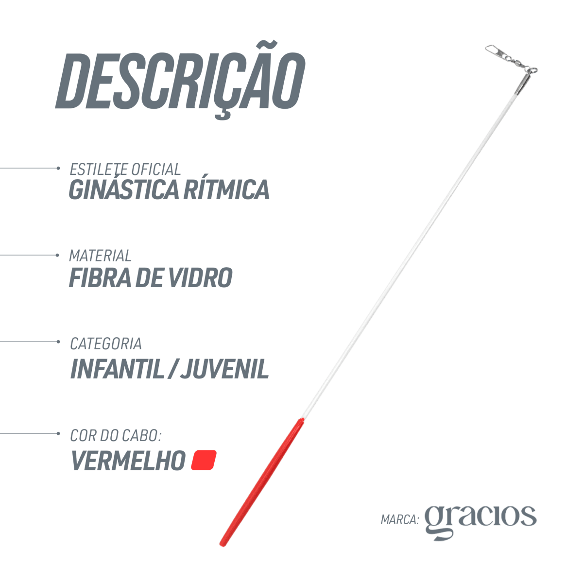  Estilete Ginástica Rítmica Fibra Vidro 50cm Branco Gracios - Empunhadura Preta