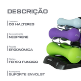 Conjunto 6 Halteres Neoprene 1, 2 e 3kg e Suporte Envolst