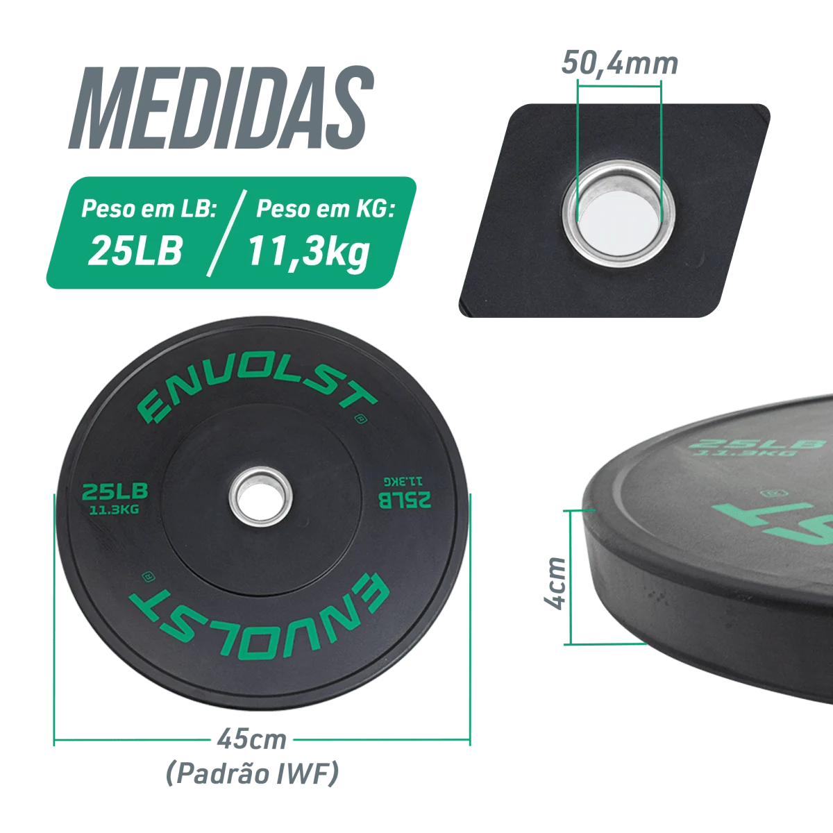 Kit 230Lb Anilhas Olímpicas Bumper Padrão IWF em Libras Envolst