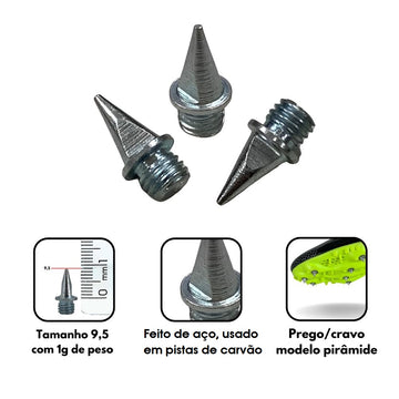 100 Pregos para sapatilha de atletismo 9,5mm Pirâmide Pista e Campo