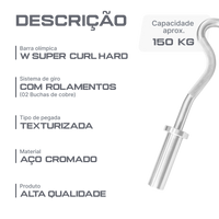 Barra W Super Curl Olímpica 1,20 m Hard Chrome Envolst
