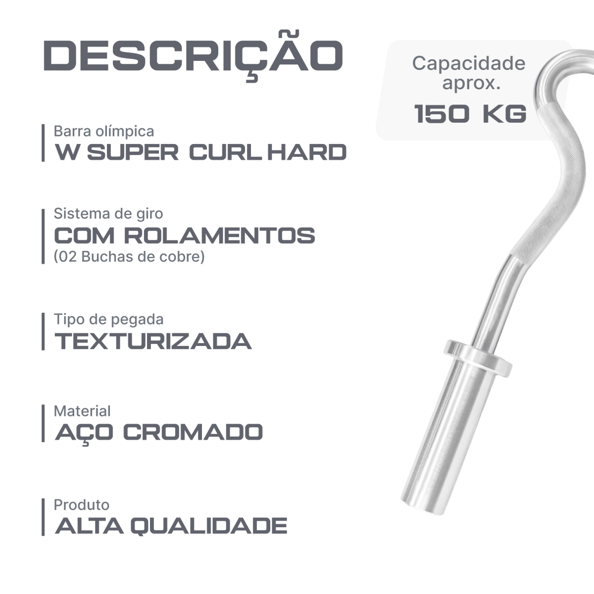 Barra W Super Curl 1,20m Olimpica Hard Cromo Profissional Envolst
