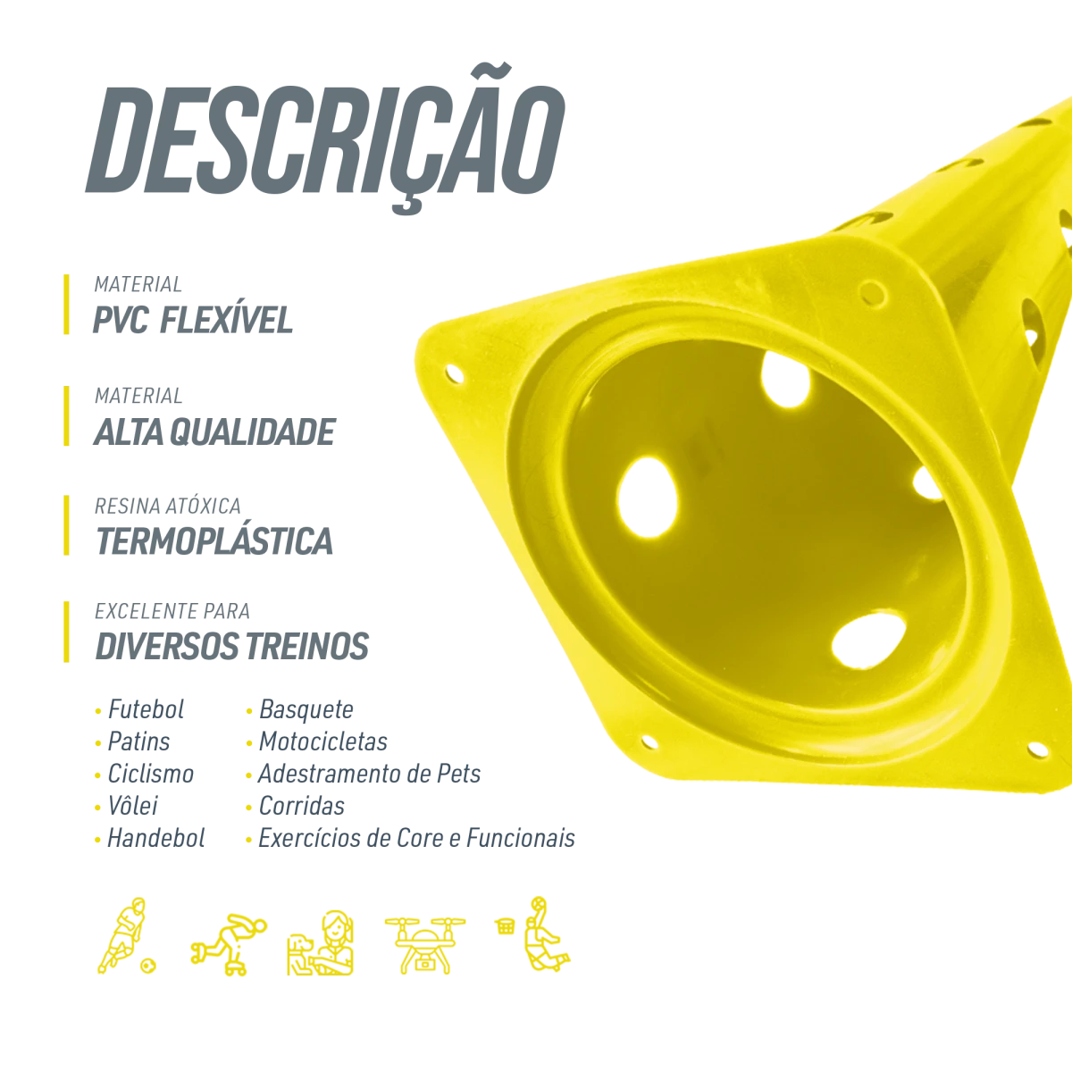 Cone plástico de agilidade furado 50cm Velden - Amarelo