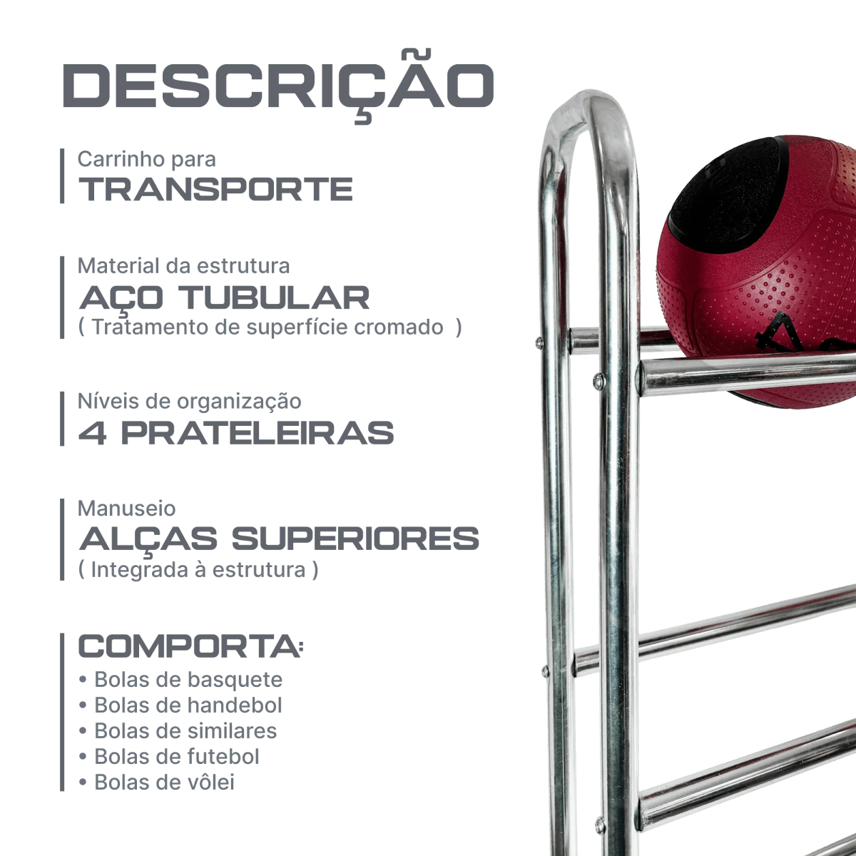 Carrinho para transporte armazenagem de bolas modelo estante Pista e Campo
